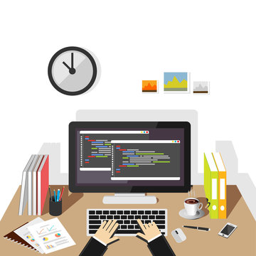 Programming on computer. Software development or coding concept.