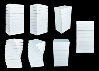 Collection of stack of white square boxes isolated on black back