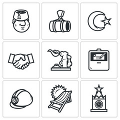 Vector Set of Turkey and Russia Icons. Turk, Gas pipeline, Coat of arms, Agreement, Gas-holder, Hub, Contract, Construction, Tourism, Moscow.