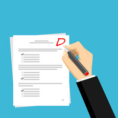 Get D for the exam. Checking in the answer of final exam concept. Score of test concept illustration.