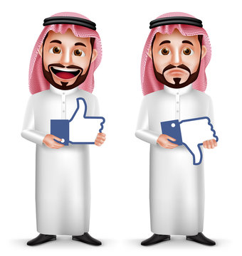 Saudi arab man vector character with facial expressions holding like and dislike sign icon for social media isolated in white background. Vector illustration.
