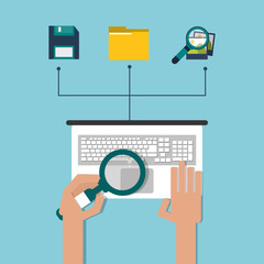Professional solution concept represented by laptop file dikette photo and lupe icon. Colorfull and flat illustration.