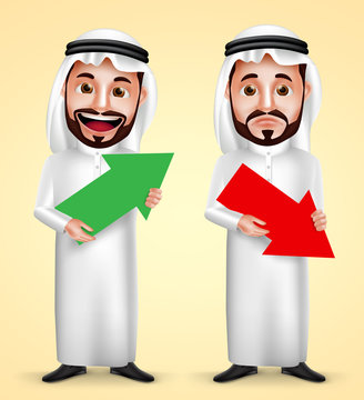 Saudi arab man vector character wearing white traditional dress with facial expressions holding up and down arrow for business finance graph. Vector illustration.

