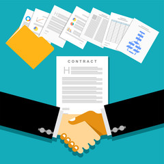 Business partnership meeting with document contracts or agreements.