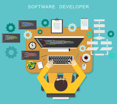 Software developer concept. Programmer coding on desktop.