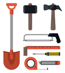 Shovel meter screwdriver saw ruler hammer tool icon. Repair construction concept. Isolated and Colorfull illustration. Vector graphic