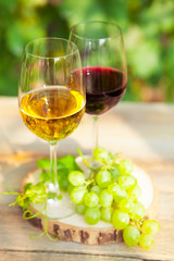 Green grapes and two glasses of the white and red wine on the vi