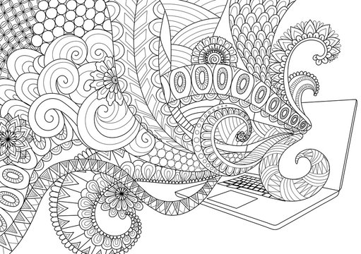 Doodle design of fun line art flowing out of laptop for adult coloring book pages for anti stress - Stock vector