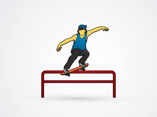 Skateboarder doing a grind on rail graphic vector