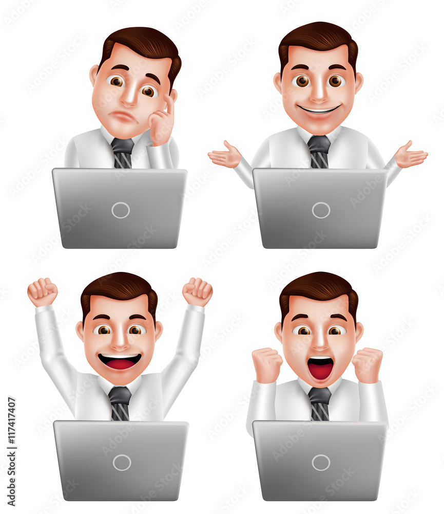 Poster handsome professional man vector character set with different actions and facial expressions watchin