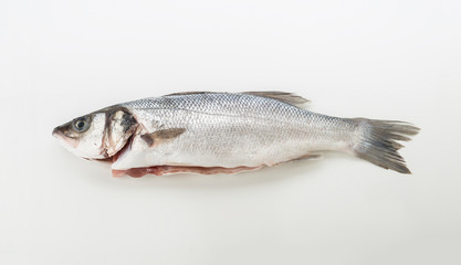 Aerial making raw sea bass on white