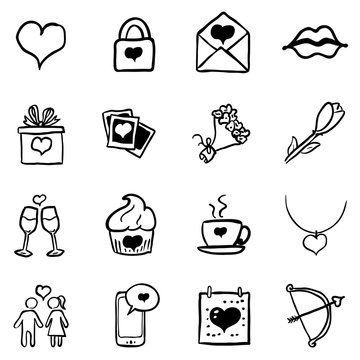 Vector Set of Black Doodle Valentine Icons