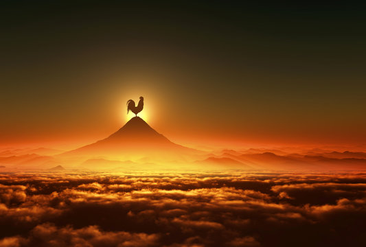 富士山の日の出とニワトリ