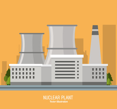 Nuclear plant power trees industry building chimney icon. Flat and Colorfull illustration. Vector graphic