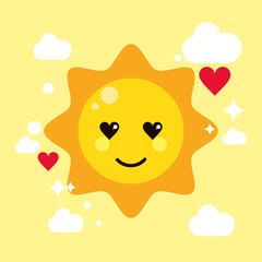 Sun yellow kawaii cartoon happy cute heart cloud icon. Flat and Colorfull illustration. Vector graphic