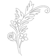 Black and white sketch, outline of blossom twig. Vector.