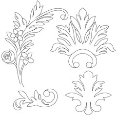 Set of monochrome floral vintage design elements. Vector.