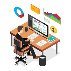 Businessman analyzing financial statistics dashboard. Business intelligent concept. Flat 3d isometric business technology concept.