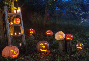 Halloween Jack-o-Lantern pumpkins outdoor