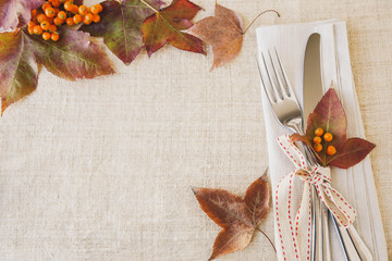 Thanksgiving autumn fall table setting copy space toning backgro