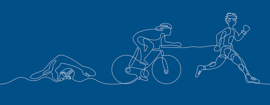 Triathlon graphic using single line to design and form the shape of triathletes are swimming running and cycling.