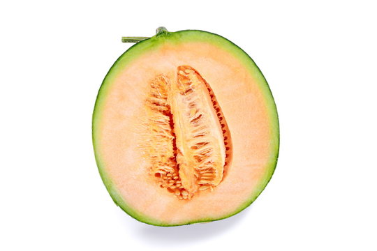 Half orange Melon fruit isolated on white background.
