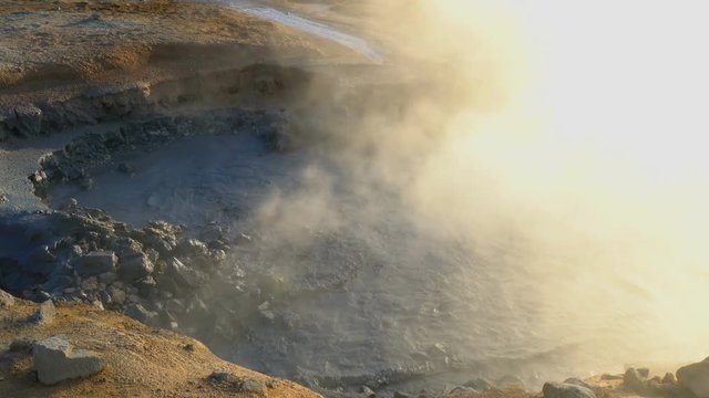 Boiling mud in the mudpot at Hverir geothermal area, Iceland 4K Ultrahd