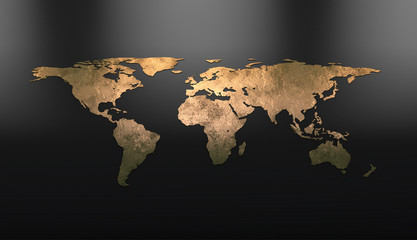 Golden continents on the world map. 3D visualization - obrazy, fototapety, plakaty