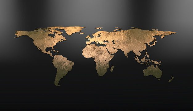 Fototapeta Golden continents on the world map. 3D visualization
