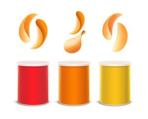 Vector Set of Colored Red Orange Yellow Small Tin Box Container Tube for Package Design with Stack of Potato Crispy Chips Close up Isolated on White Background