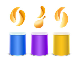 Vector Set of Colored Purple Blue Yellow Tin Box Container Small Tube for Package Design with Stack of Potato Crispy Chips Close up Isolated on White Background