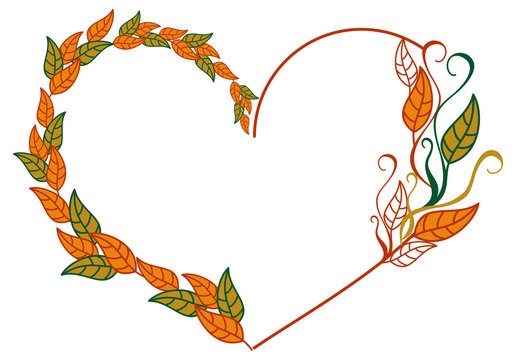 Heart shaped frame with color decorative leaves. Vector clip art.