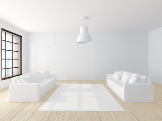Fototapeta na wymiar Render of two white couches in white modern room