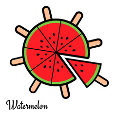 Sliced watermelon in flat style. Watermelon slices like ice cream with sticks. Fruit ice cream. Watermelon logo or icon. Isolated illustration on white background.