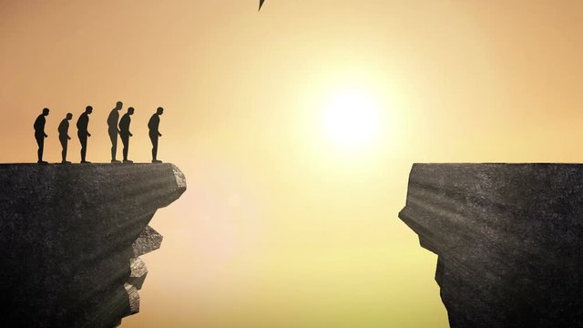 Pencil write 'FORWARD', connecting the cliff. Businessman crossing the cliff, business concept.
