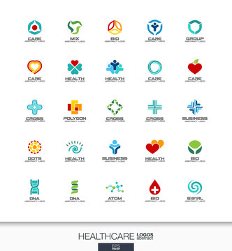 Abstract logo set for business company. Corporate identity design elements. Healthcare, medicine and pharmacy cross concepts. Health, care, medical, logotype collection. Colorful Vector icons