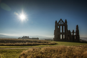 Whitby cemetery grave yard Abbey seaview in Yorkshire, England the UK