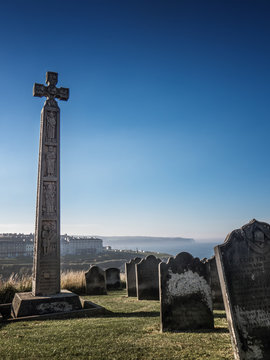Whitby cemetery grave yard Abbey seaview in Yorkshire, England the UK