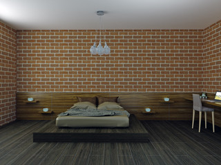 Render of bed with silk linen and work place in loft room with brick walls and hardwood floor