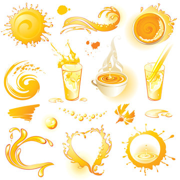 Collection of orange design elements. Tea, juice and drink. (vector illustration).