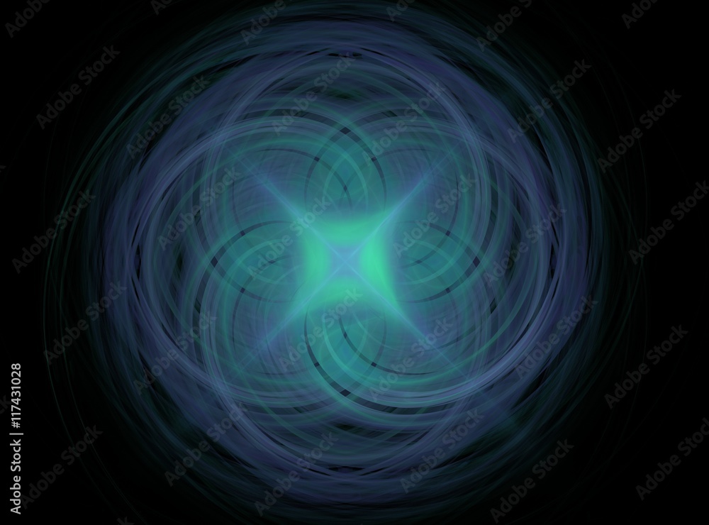 Poster blue green abstract fractal glowing round with intersecting lines on a black background