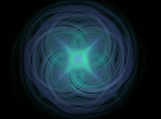 Blue green abstract fractal glowing round with intersecting lines on a black background