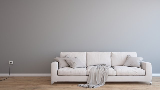 Minimal empty and clean grey wall with wooden  floor and white sofa