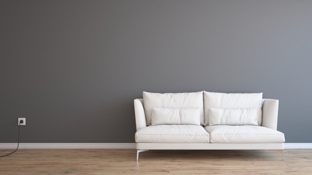Minimal empty and clean grey wall with wooden  floor and white sofa