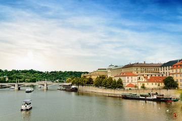 Fototapeta na wymiar Boats on the Vitava River, Prague, Czech Republic