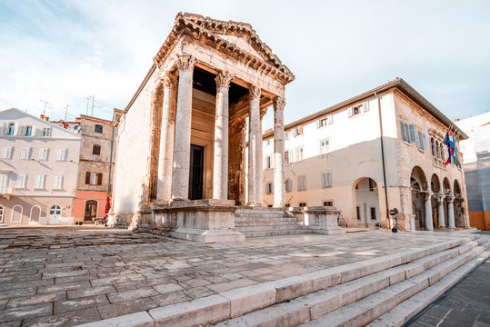 Ancient temple of Augustus in the main town square in Pula city in Croatia