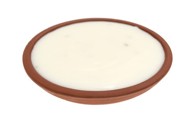 Fat-free blue cheese dressing in a small bowl isolated on a white background.