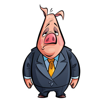 Cartoon sad politician pig animal character with costume