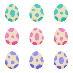 Cute cartoon style colorful monster, dinosaur, dragon spotted eggs set, collection isolated on white background.