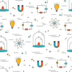 Vector seamless pattern with icons - physics. Science and educational background. Cartoon style fabric pattern